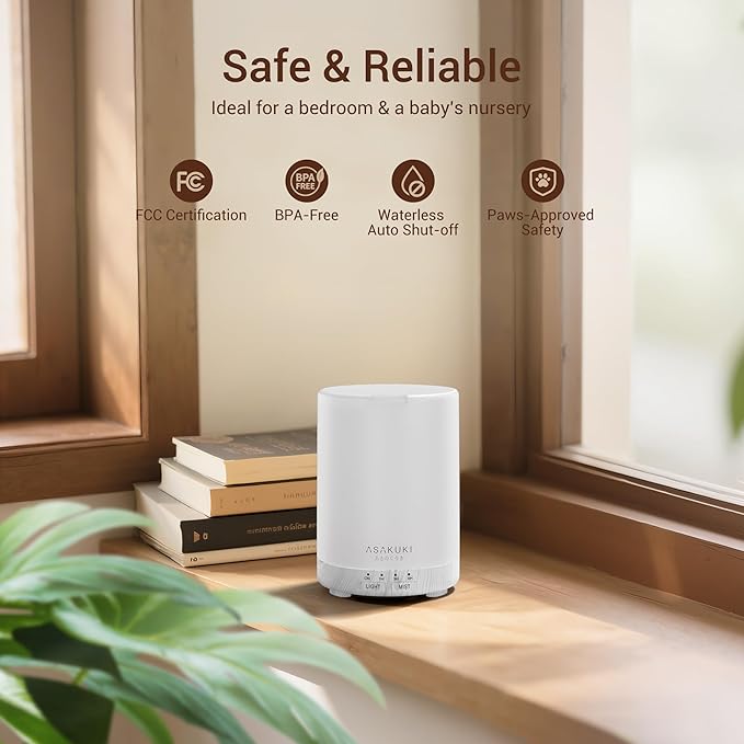 ASAKUKI 300ML Essential Oil Diffuser, Quiet 5-in-1 Premium Humidifier, Women's Day Gift, Home Fragrance Aroma Diffuser with 7 LED Color Changing Light and Auto-Off Switch -White