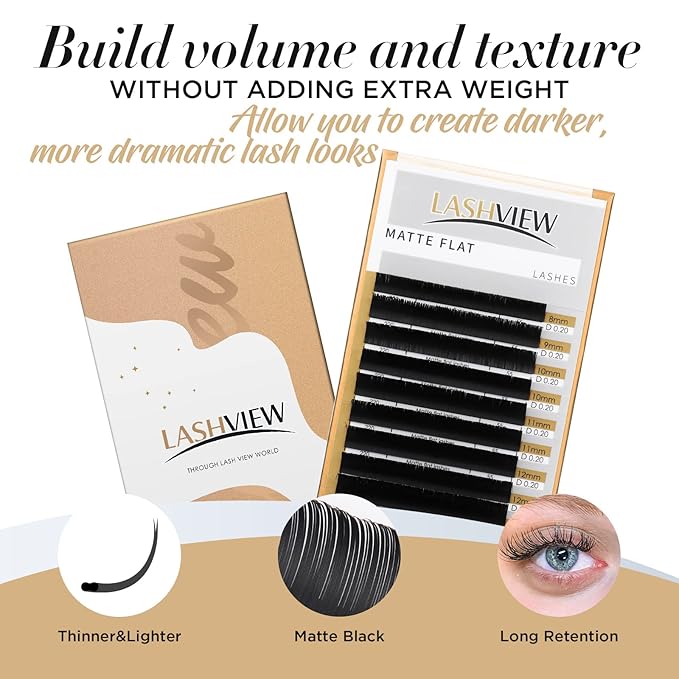 LASHVIEW Eyelash Extensions,Ellipse Flat Eyelash Extensions 0.20mm D Curl 12mm, Black,Individual Lashes,Semi-Permanent Extremely Soft Professional Salon Use