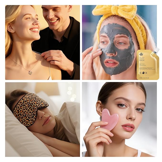33 Pcs Valentines Day Gifts for Women, Honey & Almond Skin Care Kit, Spa Bath & Body Gift Set, Face Sheet Mask, Lip Gloss, Cosmetic Bag, Necklace, Christmas, Anniversary, Birthday
