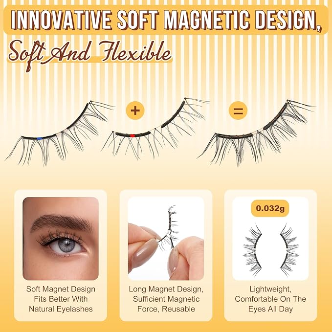 QUEWEL Magnetic-Eyelashes with Applicator, Upgrade 1 Pair Soft Magnetic Lashes, No Glue Needed Reusable Magnetic Eyelashes So Soft and Suitable for Beginners (Soft-Magnetic-B)