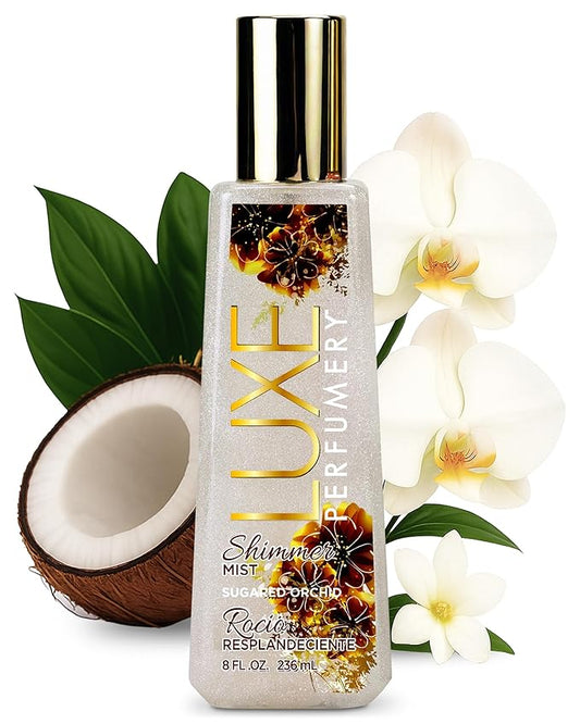 Luxe Perfumery Sugared Orchid Shimmer Body Mist – Long-Lasting Perfume Spray with Glittering Shine, Juicy Citrus & White Orchid Notes, Radiant Glow Shimmer Spray, Gift for Her, Made in USA, 8 fl oz