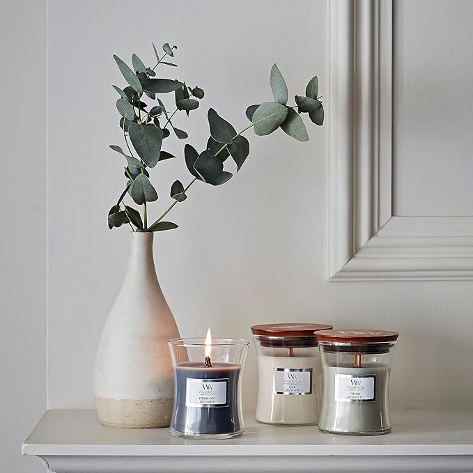 WoodWick Medium Hourglass Candle, Linen - Premium Soy Blend Wax, Pluswick Innovation Wood Wick, Made in USA