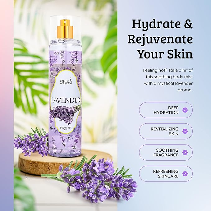 Freida and Joe Lavender Luxury Body Spray For Women, Womens Perfume Fragrance Body Mist & Sprays, Women's Woodsy Scented Gifts & Presents, 8 oz Fine Mist Spray Bottle – Mother's Day Gift for Mom