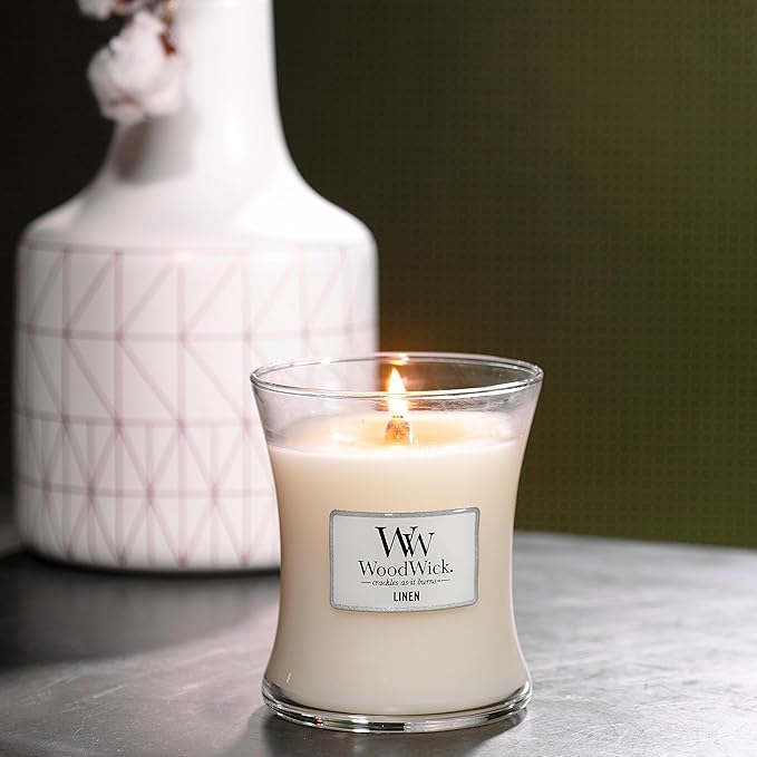 WoodWick Medium Hourglass Candle, Linen - Premium Soy Blend Wax, Pluswick Innovation Wood Wick, Made in USA