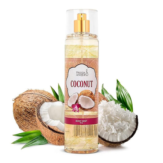 Freida and Joe Luxurious Coconut Body Mist Fine Fragrance, Women's Warm & Cozy Luxury Scented Gifts & Presents, 8oz Fine Mist Spray Bottle (Coconut) – Mother's Day Gift for Mom