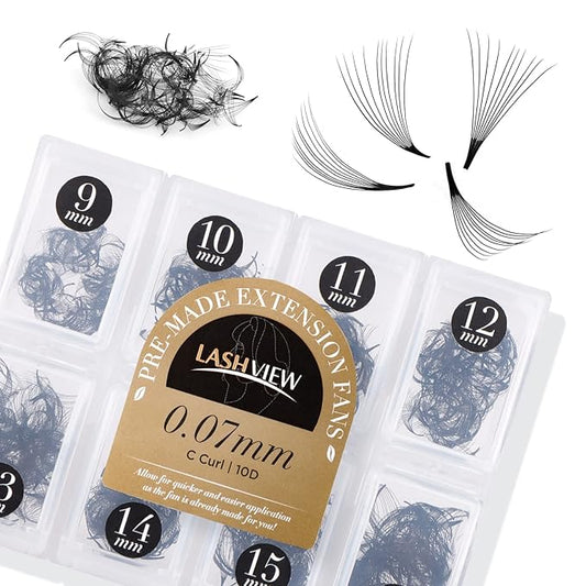 LASHVIEW 1000 Premade Volume Eyelash Extensions Mixed Tray 10D Premade Fans Eyelash Extensions C Curl Premade Lash Fans Pointed Handmade Promade Loose Fans Thin Base (10D-0.07C,9-16mm)