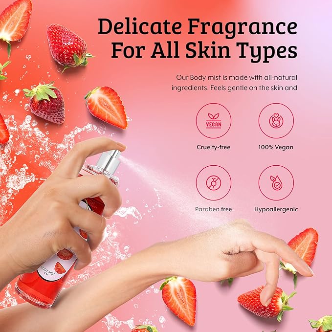 Freida and Joe Luxurious Scented Strawberry Fragrance Body Mist A Sophisticated 8 oz Gift Stocking Stuffer Exquisitely Crafted for Women's Sublime Fragrance – Mother's Day Gift for Mom