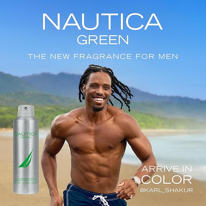 Nautica Color Green Deodorizing Body Spray for Men, Woody Fougere Fragrance, Notes of Ginger, Geranium and Vetiver, 6.0oz