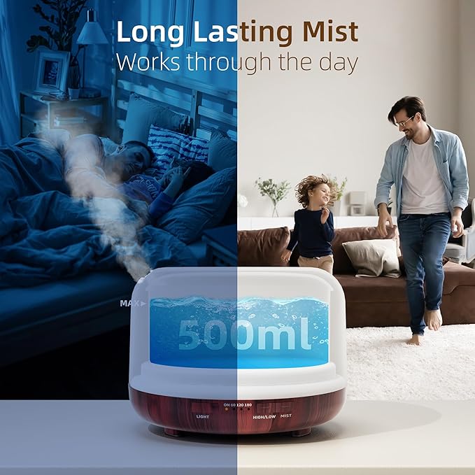 ASAKUKI Essential Oil Diffuser for Home, 500ml Aromatherapy Fragrant Oil Humidifier Vaporizer, 7-Color Light and Auto-Off Safety Switch (Reddish-Brown)