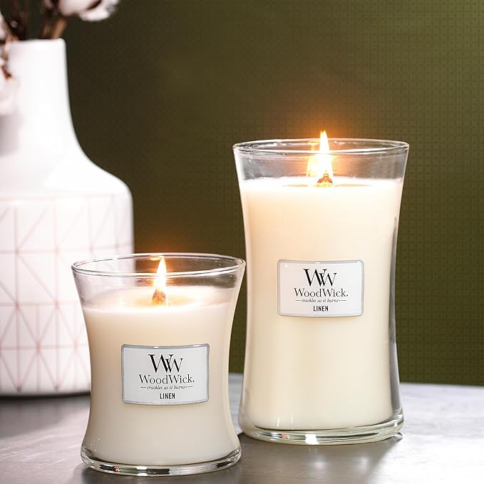 WoodWick Medium Hourglass Candle, Linen - Premium Soy Blend Wax, Pluswick Innovation Wood Wick, Made in USA