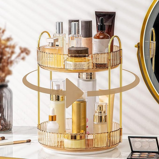 360 Rotating Makeup Organizer for Vanity, Bathroom Countertop Spinning Perfume Organizer, High-Capacity Cosmetic and Skincare Dresser Make Up Holder Rack (2 Tiers, Yellow)