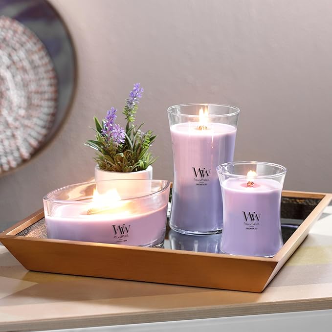 WoodWick Lavender Spa Gifts for Women and Men,21.5 oz Large Hourglass Candle with Crackling Wick,(Pack of 4)