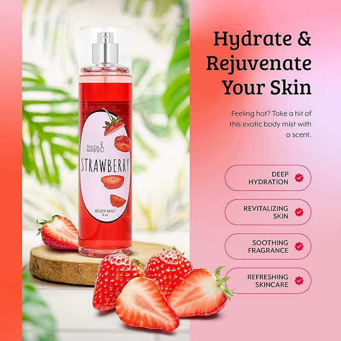 Freida and Joe Luxurious Scented Strawberry Fragrance Body Mist A Sophisticated 8 oz Gift Stocking Stuffer Exquisitely Crafted for Women's Sublime Fragrance – Mother's Day Gift for Mom