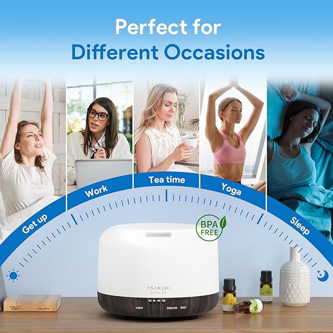 ASAKUKI Essential Oil Diffuser 500ml, Ultrasonic Aromatherapy Humidifier with Remote Control, 7 LED Colors, Timer & Auto-Off, Large Room Diffuser (Dark Brown)