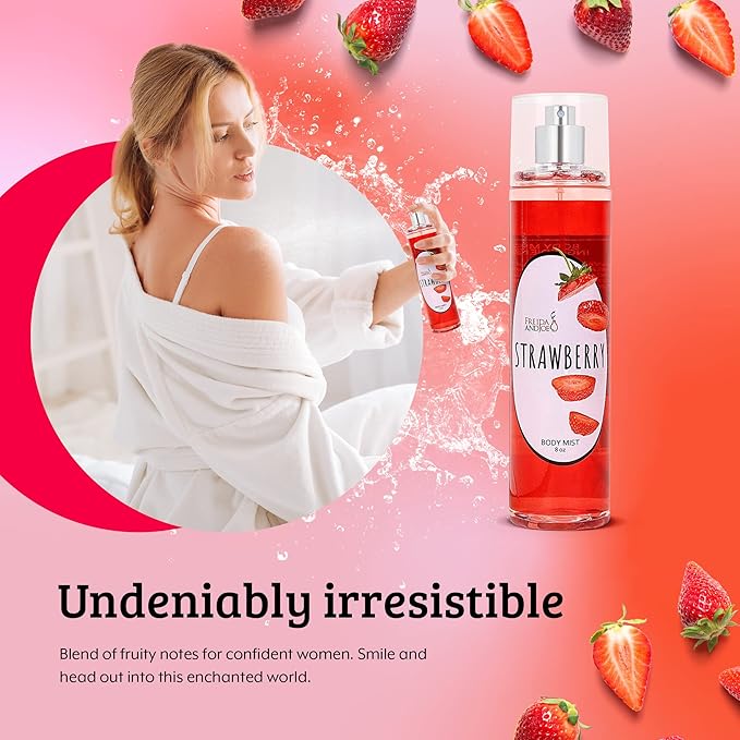 Freida and Joe Luxurious Scented Strawberry Fragrance Body Mist A Sophisticated 8 oz Gift Stocking Stuffer Exquisitely Crafted for Women's Sublime Fragrance – Mother's Day Gift for Mom