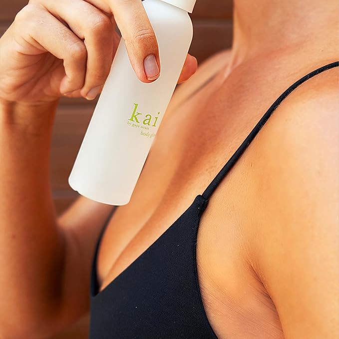 kai body glow rose, 4 Fl Oz, dry body oil with jojoba, chamomile, cucumber extracts, moisturizes and leaves a radiant glow with a fresh + clean fragrance, layered with rose absolute, made in the usa