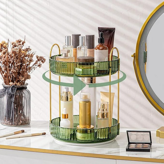 360 Rotating Makeup Organizer for Vanity, Bathroom Countertop Spinning Perfume Organizer, High-Capacity Cosmetic and Skincare Dresser Make Up Holder Rack (2 Tiers, Green)
