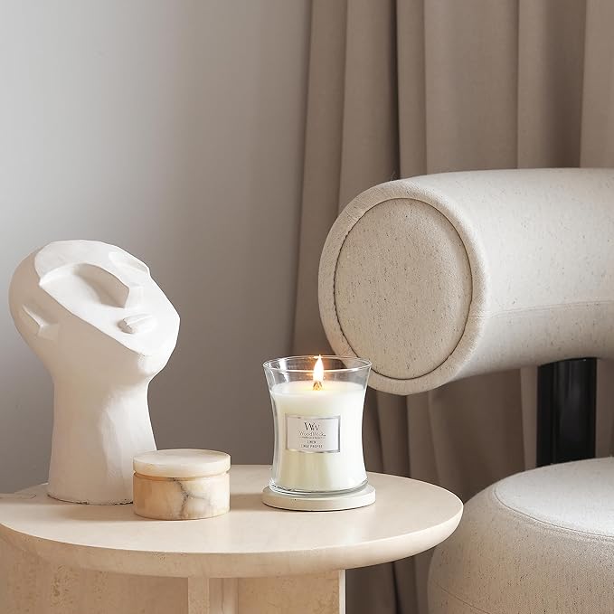 WoodWick Medium Hourglass Candle, Linen - Premium Soy Blend Wax, Pluswick Innovation Wood Wick, Made in USA