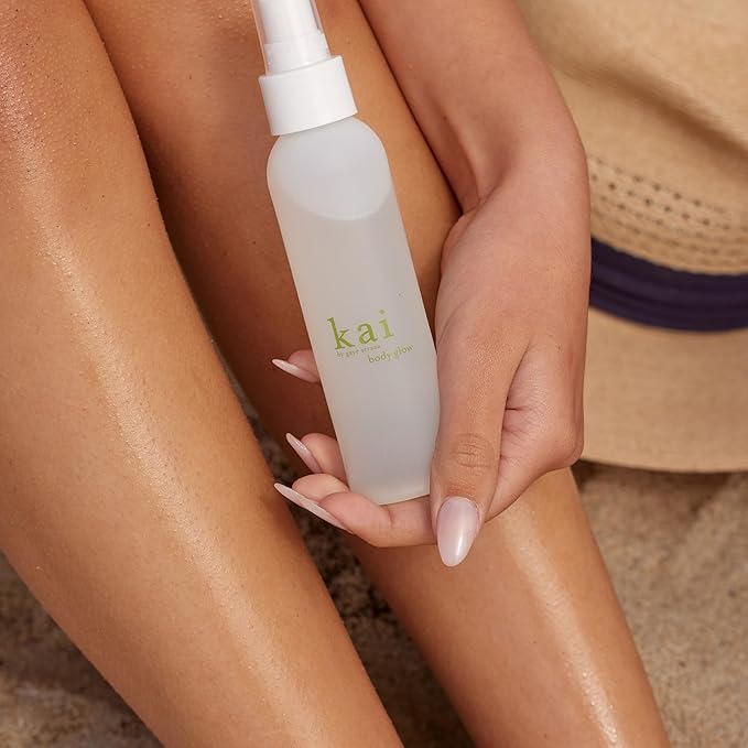kai body glow rose, 4 Fl Oz, dry body oil with jojoba, chamomile, cucumber extracts, moisturizes and leaves a radiant glow with a fresh + clean fragrance, layered with rose absolute, made in the usa