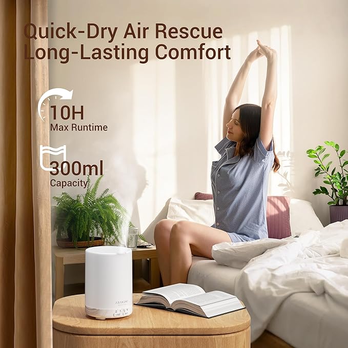 ASAKUKI 300ML Essential Oil Diffuser, Quiet 5-in-1 Premium Humidifier, Women's Day Gift, Home Fragrance Aroma Diffuser with 7 LED Color Changing Light and Auto-Off Switch -White