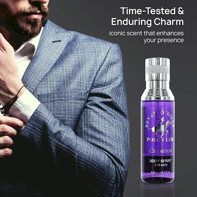 Beverly Hills Polo Club Body Spray for Men - BHPC Champion - Notes of Vanilla, Lily, Oakmoss & Patchouli - Long Lasting Body Mist Cologne Scent - Ideal Gift for Him, 6oz
