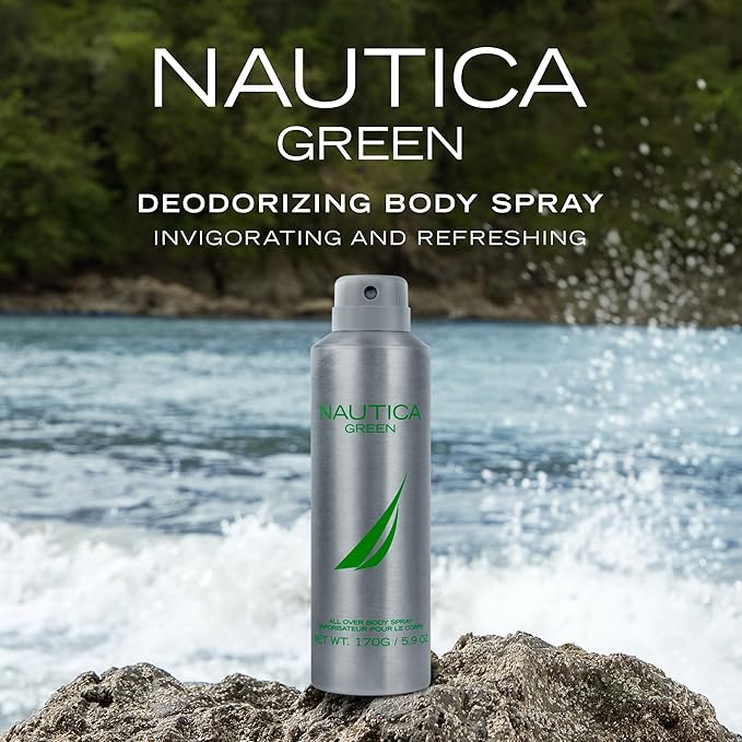 Nautica Color Green Deodorizing Body Spray for Men, Woody Fougere Fragrance, Notes of Ginger, Geranium and Vetiver, 6.0oz