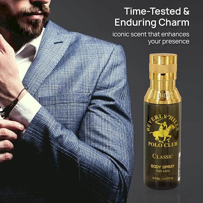 Beverly Hills Polo Club Body Spray for Men - BHPC Classic - Notes of Patchouli, Cedar, Vetiver, Ambergris & Musk - Long Lasting Cologne Scents - Ideal Gift for Him, 6oz