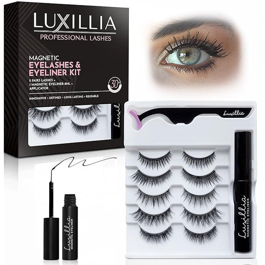 Luxillia Magnetic Eyelashes Kit – 7 Piece Magnetic Eyelash & Eyeliner Set with Applicator – Natural Look Easy Apply Reusable Fake Extension Lashes, No Glue – Pestañas Postizas Magnéticas Naturales