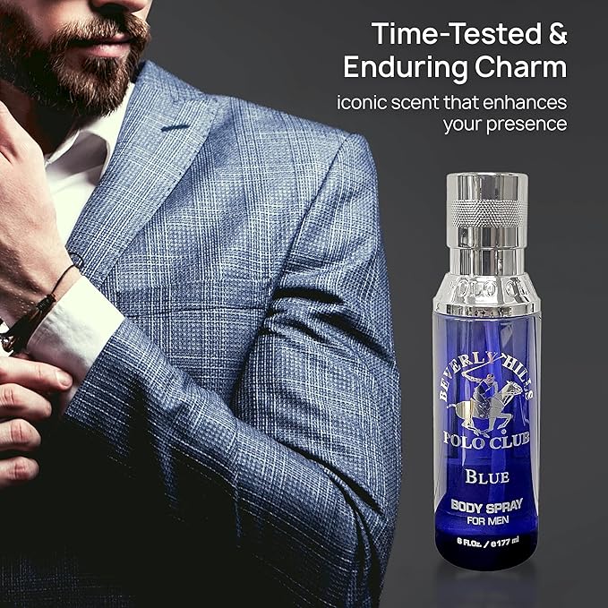 Beverly Hills Polo Club Body Spray for Men - BHPC Blue - Notes of Lavender & Sandalwood - Fresh, Oceanic, Long Lasting Cologne Scents - Ideal Gift for Him, 6oz