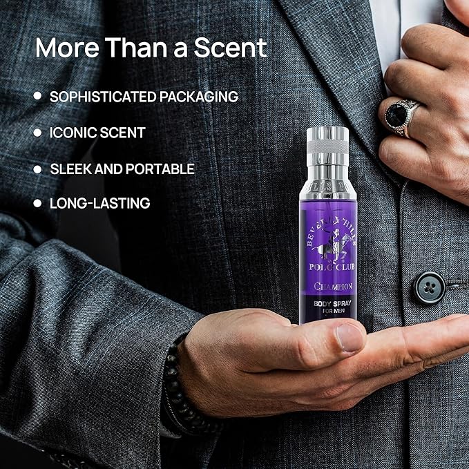 Beverly Hills Polo Club Body Spray for Men - BHPC Champion - Notes of Vanilla, Lily, Oakmoss & Patchouli - Long Lasting Body Mist Cologne Scent - Ideal Gift for Him, 6oz