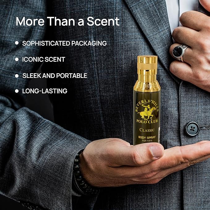 Beverly Hills Polo Club Body Spray for Men - BHPC Classic - Notes of Patchouli, Cedar, Vetiver, Ambergris & Musk - Long Lasting Cologne Scents - Ideal Gift for Him, 6oz