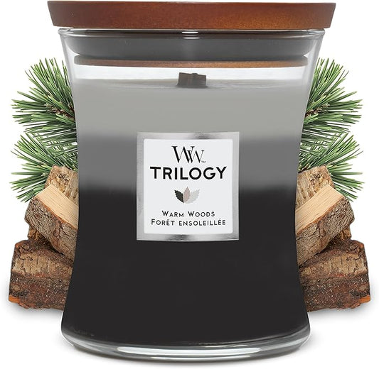 WoodWick Medium Hourglass Scented Trilogy Candle | Warm Woods | with Crackling Wick | Up to 60 Hours Burn Time