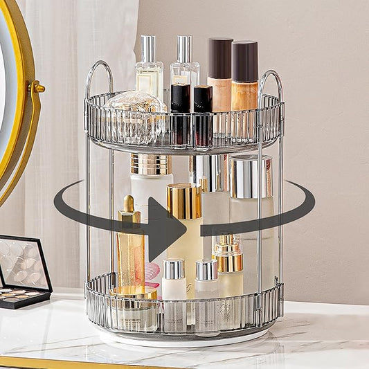 360 Rotating Makeup Organizer for Vanity, Bathroom Countertop Spinning Perfume Organizer, High-Capacity Cosmetic and Skincare Dresser Make Up Holder Rack (2 Tiers, Grey)